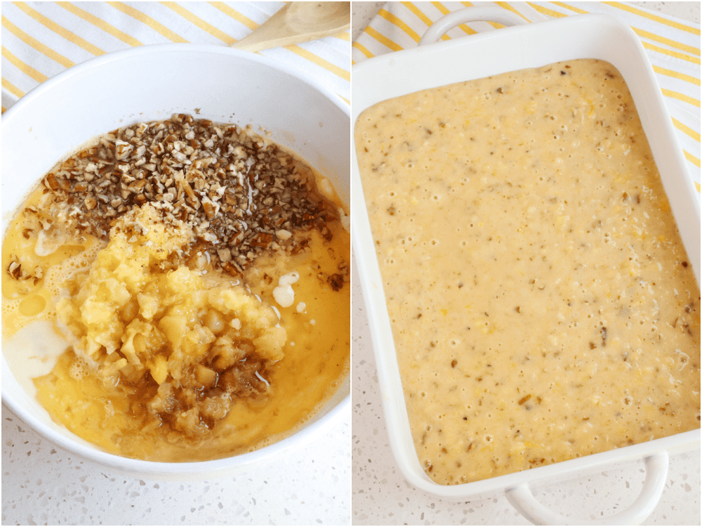 Some of the steps to making pineapple cake. Whisk the flour, sugar, baking soda, and salt together. Add the beaten eggs, vegetable oil, crushed pineapple (reserving 3 tablespoons of the juice), vanilla extract, and pecans. Mix until combined, then pour the mixture into a well-greased 9x13 baking pan.