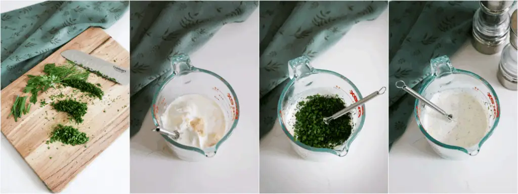 Some of the steps to making ranch dressing. Chopping the fresh herbs and mixing the mayo, buttermilk, and sour cream. Add the garlic, fresh herbs, seasonings, and lemon juice. Whisk it all together.