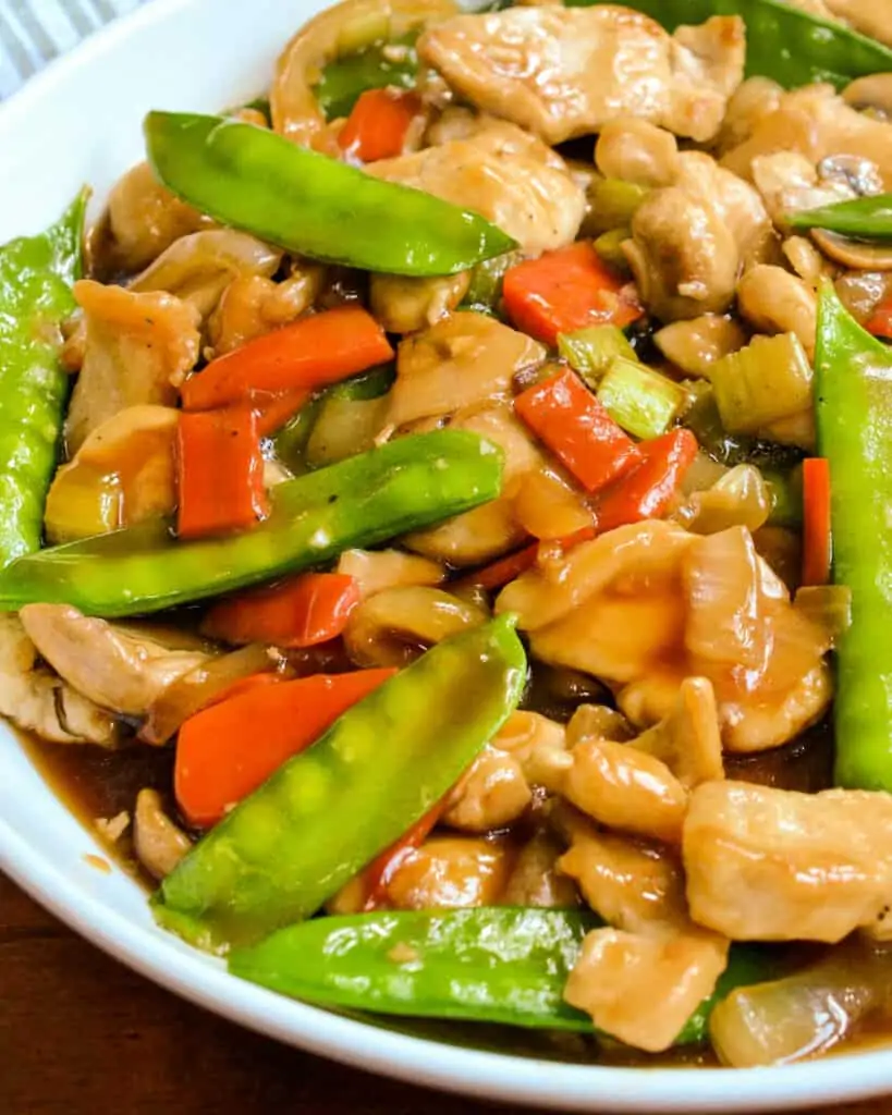 A bowl full of homemade chicken chop suey.  