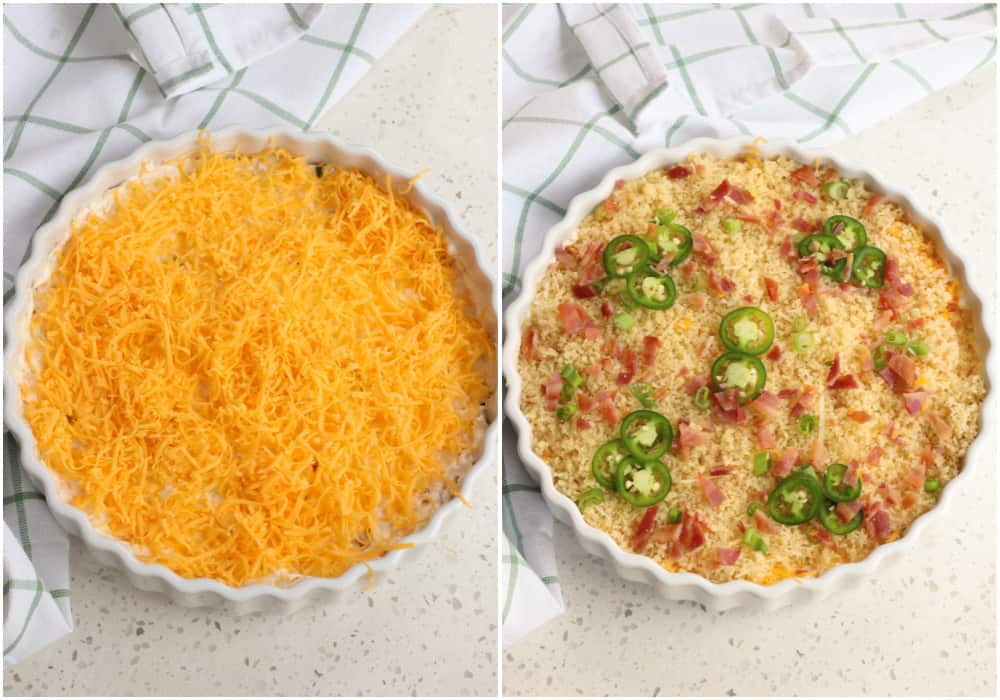 Top the dip with a little more shredded cheddar, buttery breadcrumbs, and bacon