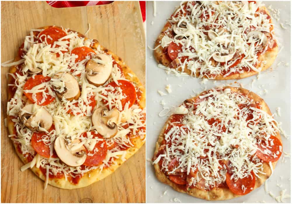 Crisp the bread in the oven before topping with sauce, toppings, and cheese.