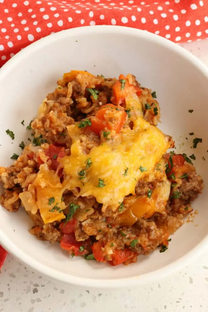 A serving of stuffed pepper casserole in a bowl.  