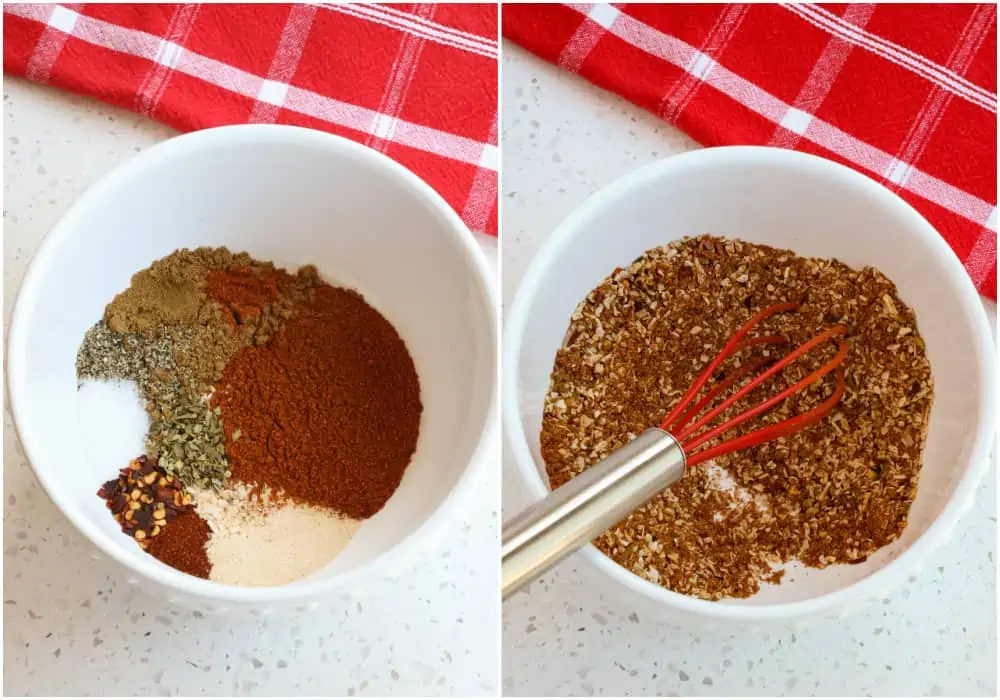 Simply combine the chili powder, cumin, kosher salt, fresh ground black pepper, garlic powder, onion powder, paprika, oregano, red pepper flakes, ground cayenne, and if desired dried minced onion in a small bowl. 