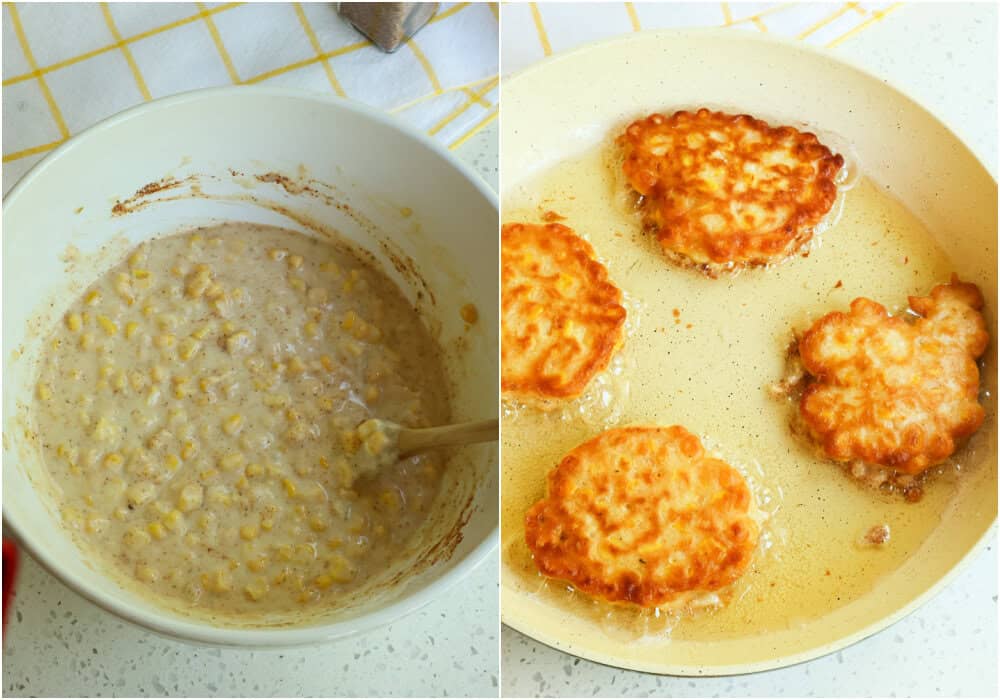 Some of the steps to making corn fritters. Whisk together the flour, baking powder, sugar, salt, and pepper in a large bowl. Add the milk, beaten eggs, melted butter, and corn. Stir the corn mixture just until combined. Heat about 1/4 inch of oil in a large skillet. Once the oil is hot, spoon about 1/4 cup of batter per fritter into the hot oil. Fry each side until golden brown and crispy.