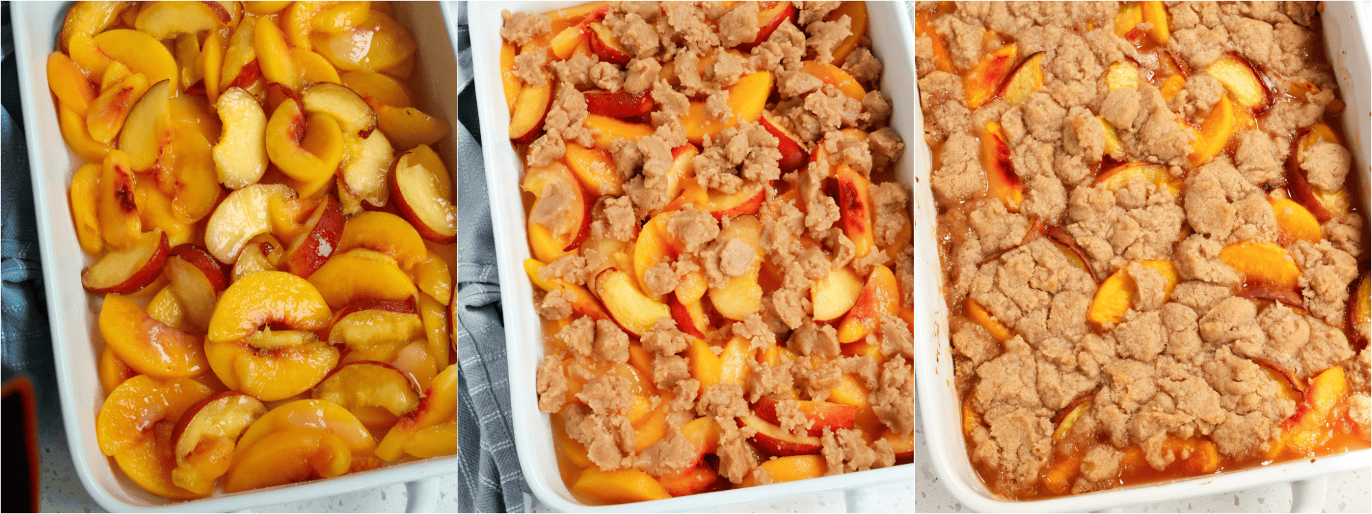 Some of the steps to making peach cobbler. Mix the peach slices with sugar in a large bowl. 
Pour the mixture into the bottom of a baking dish. Whisk the flour, granulated sugar, brown sugar, baking powder, cinnamon, and salt in a medium bowl. Stir in the butter and the vanilla extract. Drop the batter in small dollops onto the peaches. Bake until the fruit is bubbly and the cobbler is golden brown.