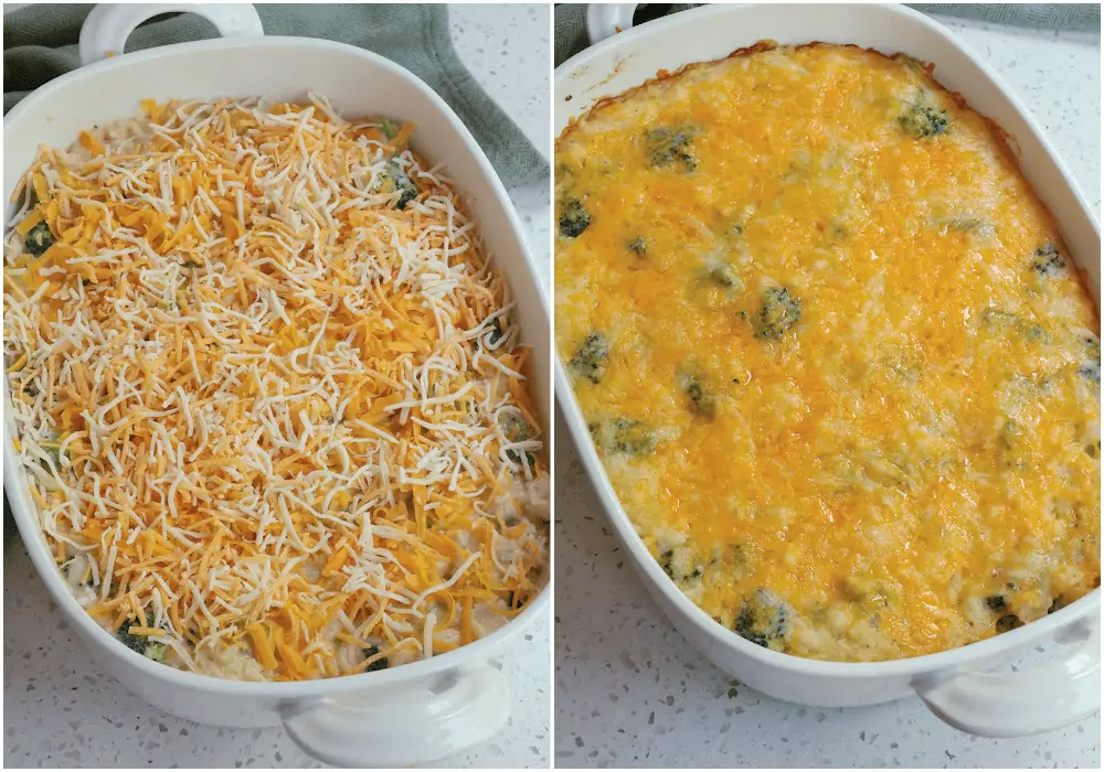 In a large bowl combine the broccoli, cooked rice, and cheese sauce.  Spoon it into a 2 quart casserole and top with the remaining cheddar cheese and the Monterey Jack cheese. 