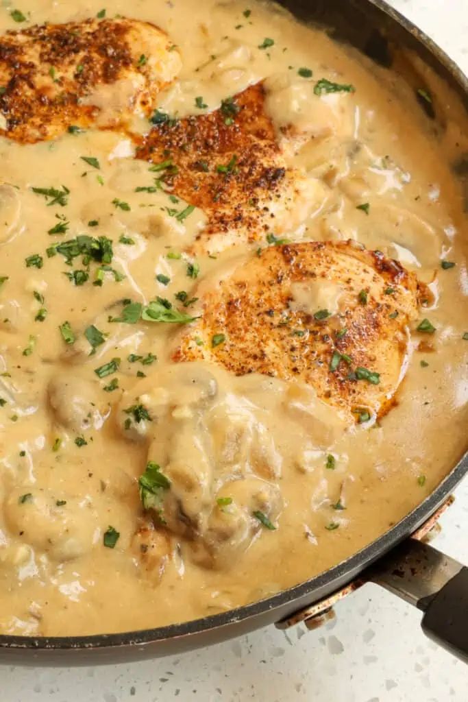 Chicken Stroganoff combine lightly seasoned golden brown chicken breasts with onions, white button mushrooms, and garlic in a smooth and creamy stroganoff sauce.  