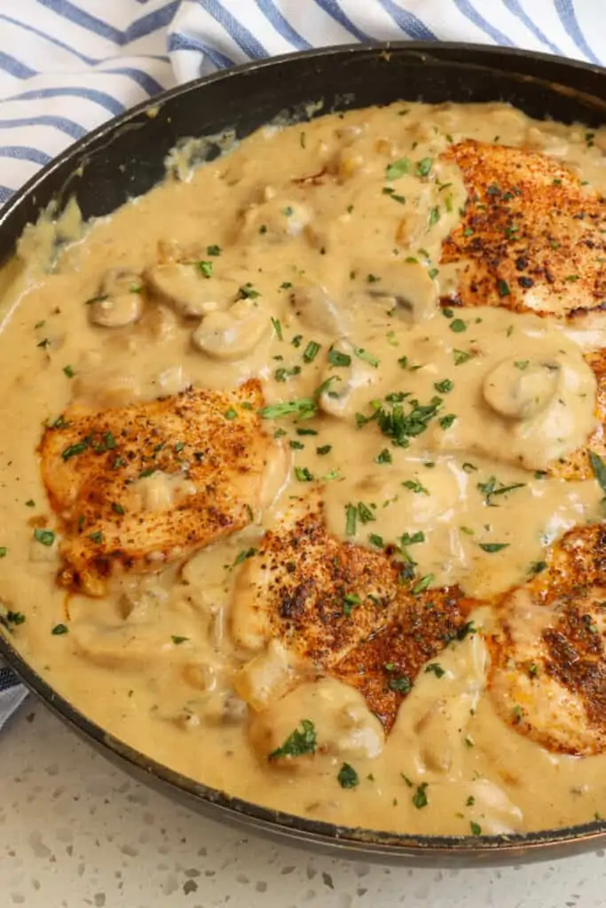 Add the cooked chicken breasts back to the skillet with the stroganoff sauce and warm. 