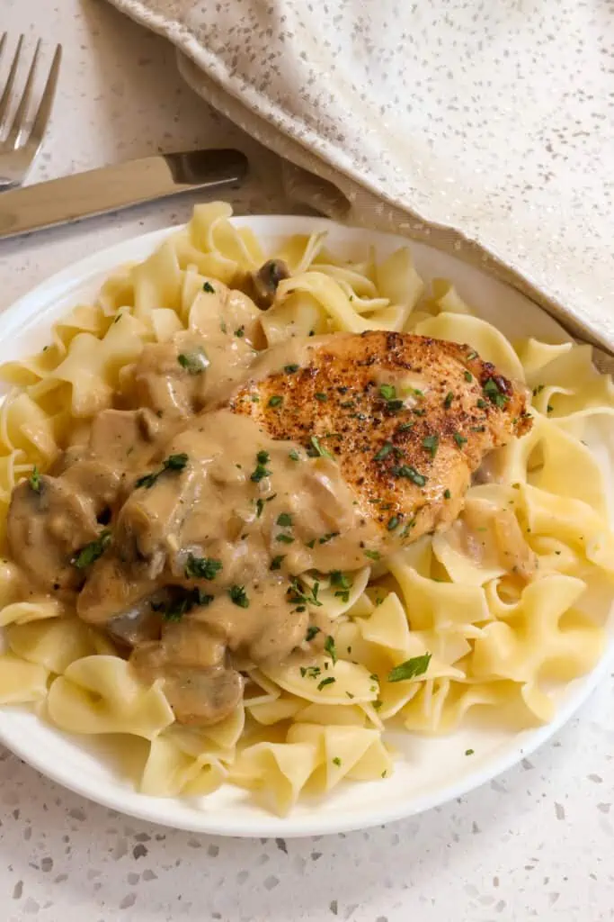 Serve chicken stroganoff over egg noodles, mashed potatoes, or rice. 