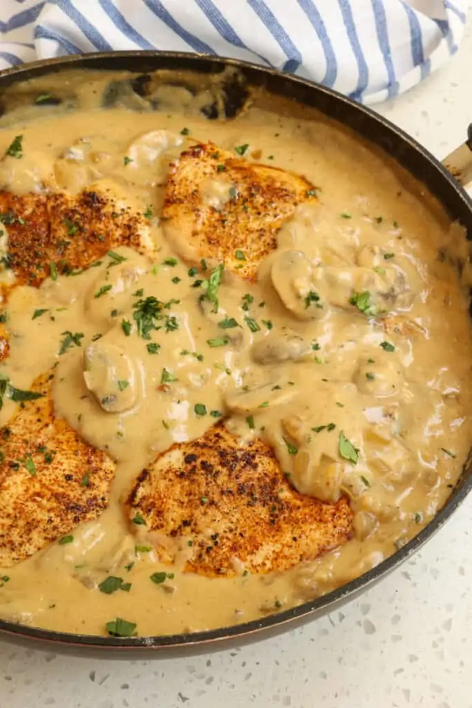 This Chicken Stroganoff is classic comfort food at its best with golden brown chicken breasts, onions, garlic, and mushrooms all in a rich and creamy stroganoff sauce.