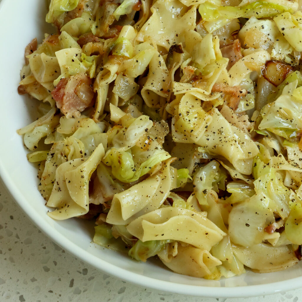 Haluski is an easy and quick delectable recipe combining cabbage, onions, noodles and bacon.  