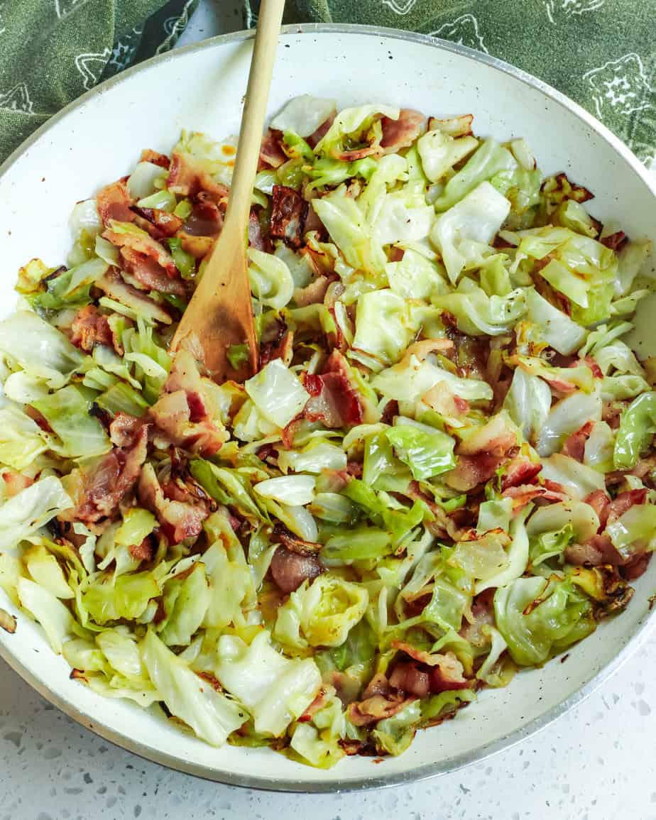 Haluski Recipe Cabbage and bacon in a large skillet.
