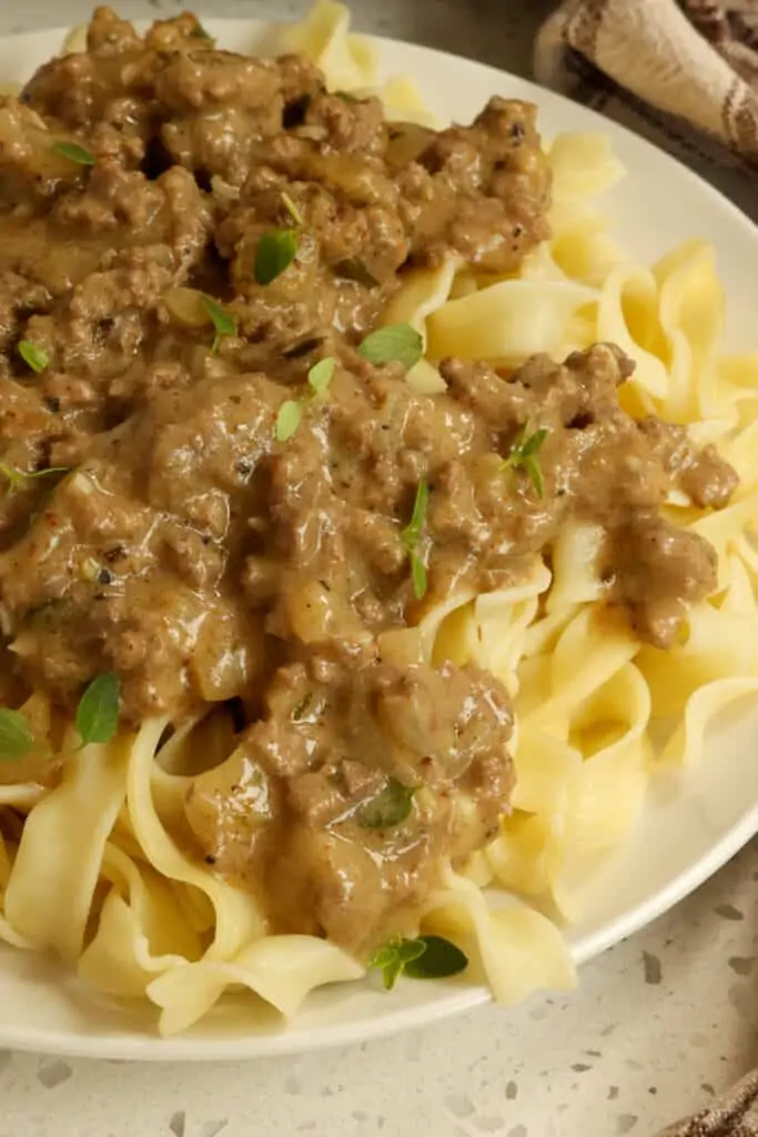 This tasty Hamburger Gravy Recipe brings ground beef together with garlic and onions in a creamy brown gravy seasoned with thyme, parsley, and nutmeg.