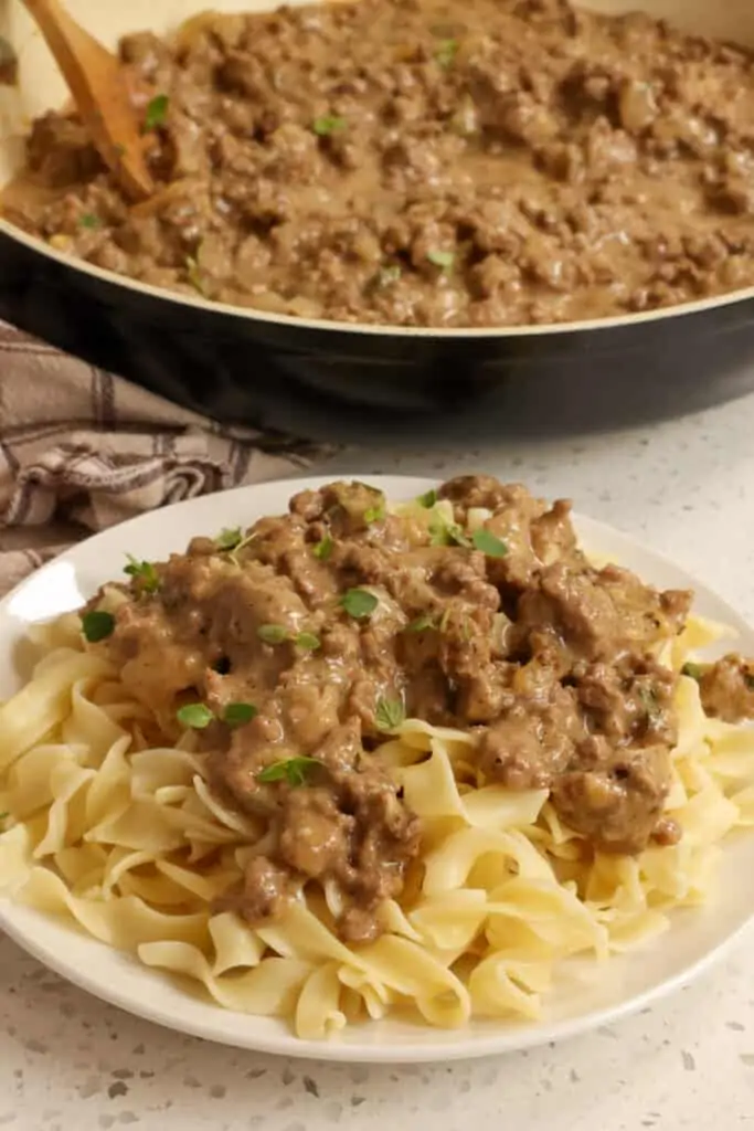 Hamburger gravy is delicious served over egg noodles.