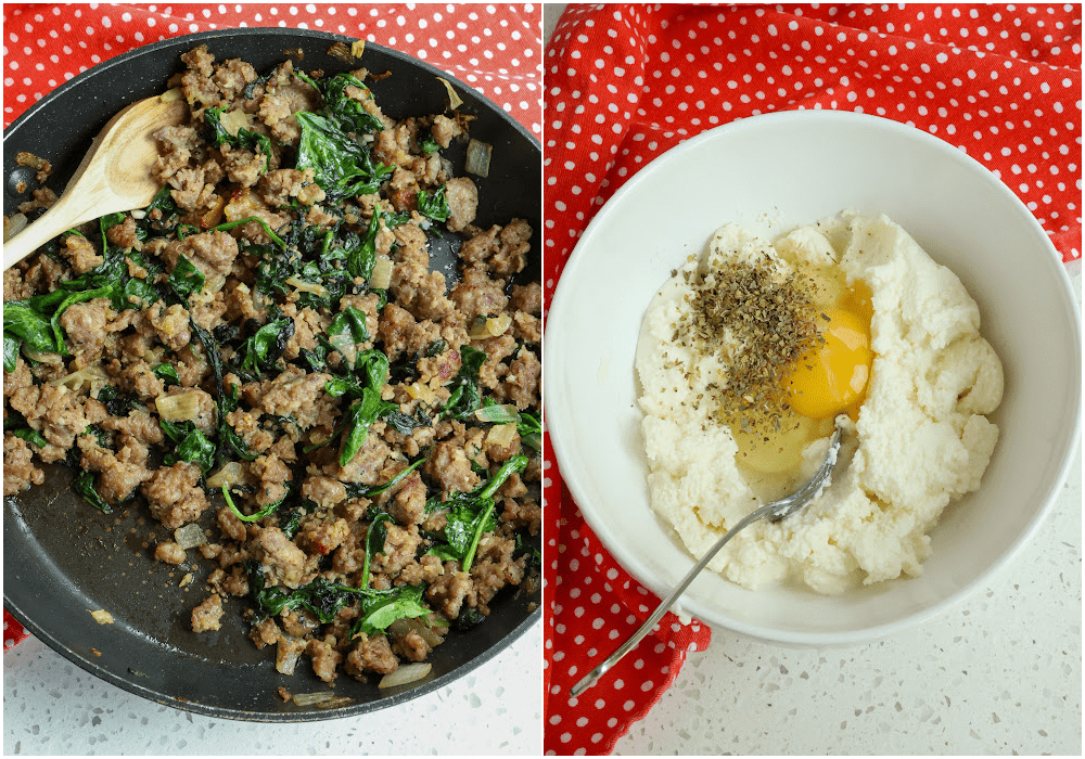 Brown the sausage and mix the ricotta cheese.