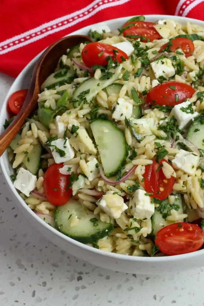 An easy summer Orzo Pasta Salad with fresh herbs, cucumbers, tomatoes, artichoke hearts, red onions, and feta cheese all tossed with a fresh lemon mustard vinaigrette. 