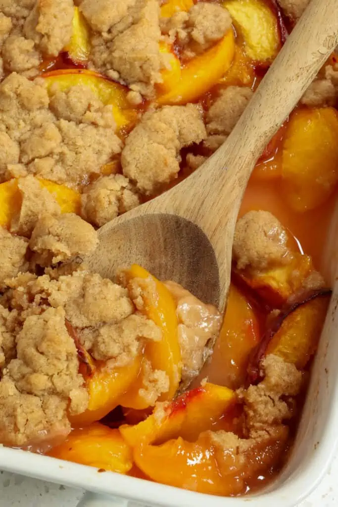 A scrumptiously easy Peach Cobbler with a quick eight ingredient topping with the flavors of cinnamon and vanilla. 