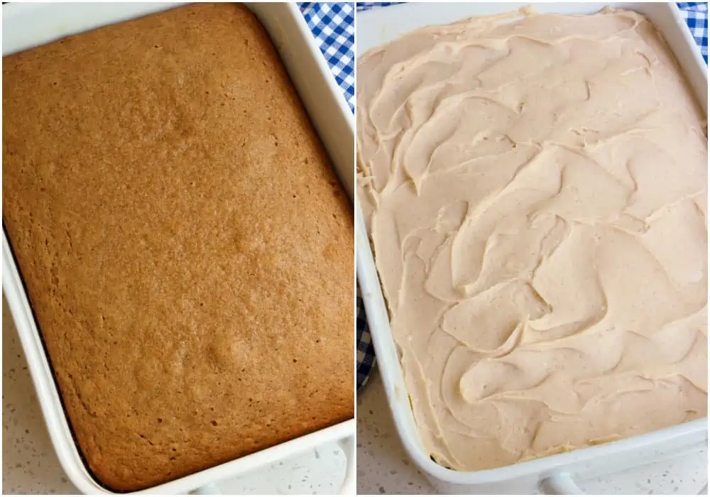 Spread the cream cheese frosting on the fully cooled cake. 