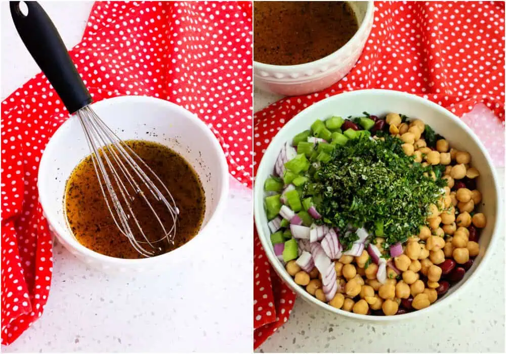 Some of the steps to making three bean salad. In a small bowl, whisk the vinegar and sugar together. Slowly drizzle in the olive oil while whisking. Season with kosher salt and fresh ground black pepper to taste. In a large mixing bowl, combine the green beans, garbanzo beans, kidney beans, red onions, and celery.