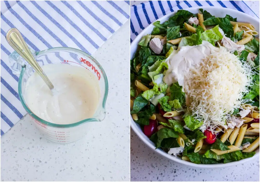 Some of the steps for making Chicken Caesar Pasta Salad. 