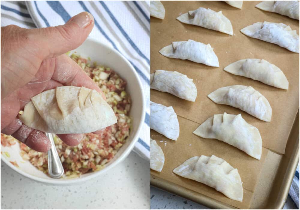 Some of the steps to making gyoza. Now using your right hand (reverse if you are left handed) start to fold the pot sticker in half making pleats about every 1/2 inch as you seal the dumpling.