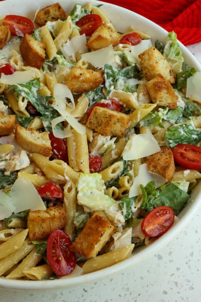 Chicken Caesar Pasta Salad is best served shortly after it is prepared.  Cover with plastic wrap and store in the fridge until ready to serve. 