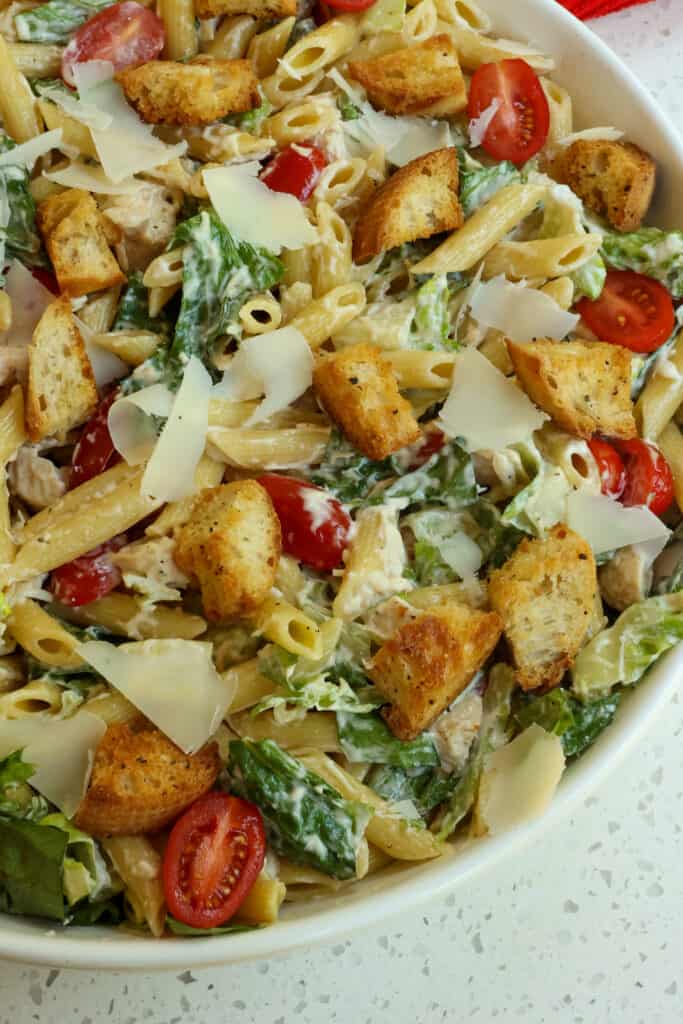 This delicious Chicken Caesar Pasta Salad is ideal for hot summer months when a light meal is desired.  Serve as soon as it is prepared or chill for several hours. 