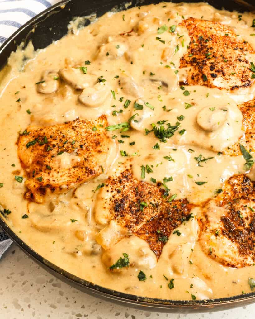Chicken Stroganoff combines lightly seasoned, golden-brown chicken breasts with onions, white button mushrooms, and garlic in a smooth and creamy stroganoff sauce. 