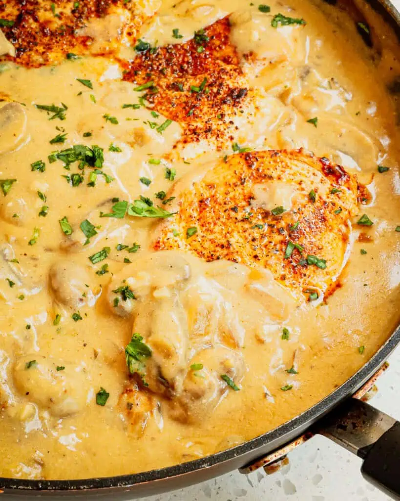 A close up view of chicken strogaoff in a large black skillet. 
