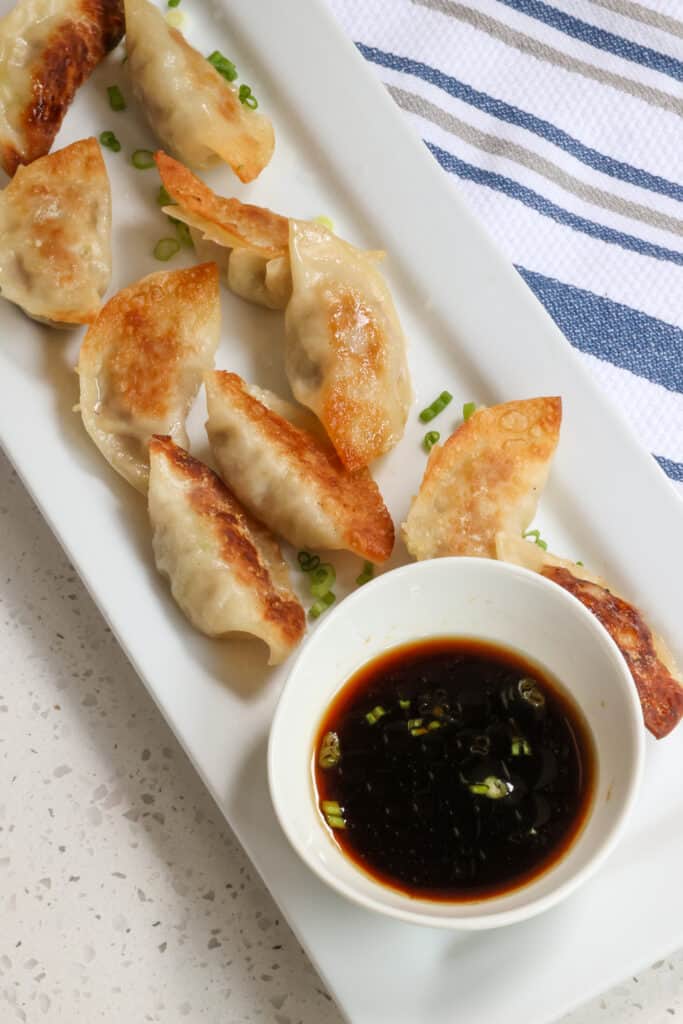 I love to serve these Japanese Gyoza with a simple three ingredient sauce. 