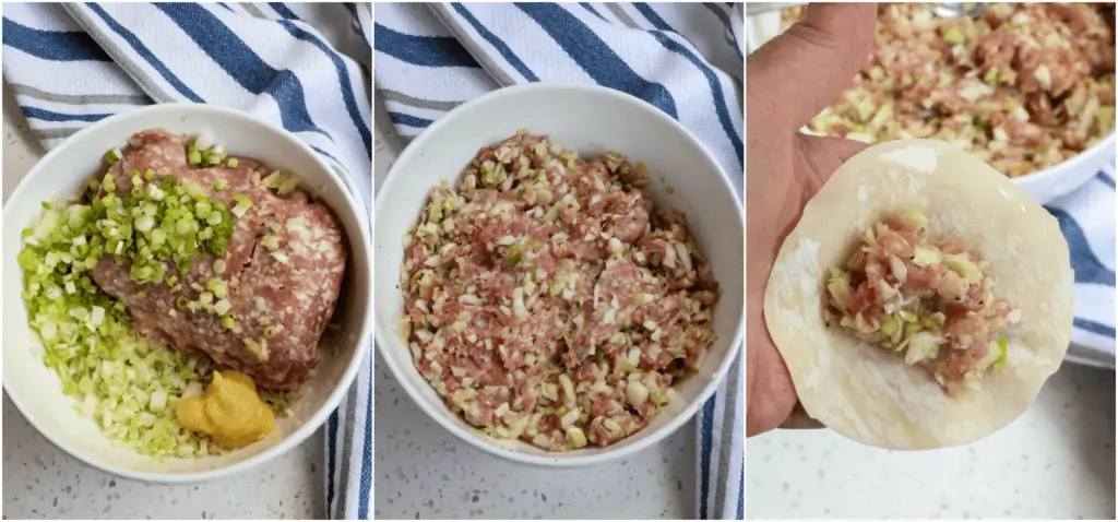 Then in a large bowl combine the cabbage, ground pork, garlic, green onions, and grated ginger.  Gently combine with your hand.  Now holding a pot sticker wrapper in the palm of your hand. 