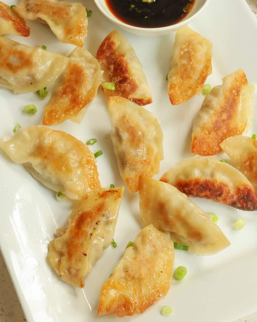 Gyoza (Japanese dumplings) on a platter with sauce and green onions. 