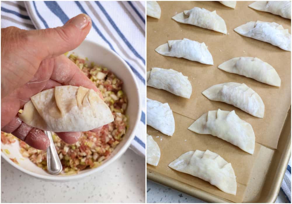 Now using your right hand (reverse if you are left handed) start to fold the pot sticker in half making pleats about every 1/2 inch as you seal the dumpling.