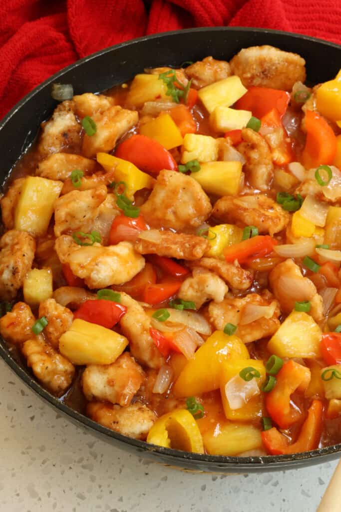 Serve pineapple chicken over white rice, brown rice, or ramen noodles. 