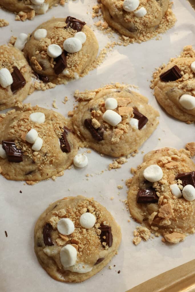 Delicious and easy S'mores Cookies with mini marshmallows, graham crackers, and pieces of Hershey's dark chocolate candy bars baked right in.  Everything that you love about s'mores in cookie form. 