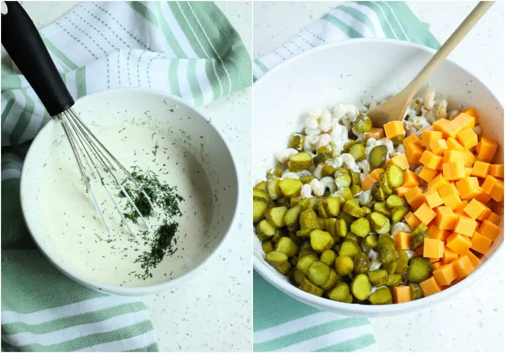So gelingt der Dillgurken-Nudelsalat: Mayonnaise, Sauerrahm, Gurkensaft, Zwiebelpulver und frischen Dill in einer kleinen Schüssel verrühren. Mayonnaise, Dillgurken und gewürfelten Cheddar unter die Nudeln heben.