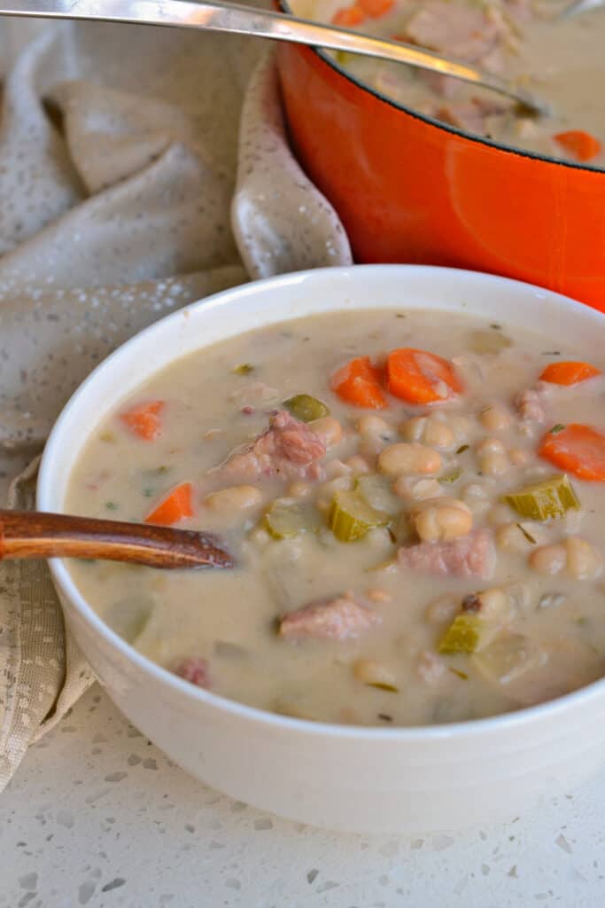 This simple yet delicious Ham and Bean Soup is made using a bone in ham steak, onion, celery, carrots, garlic, canned white beans and a handful of common pantry spices.