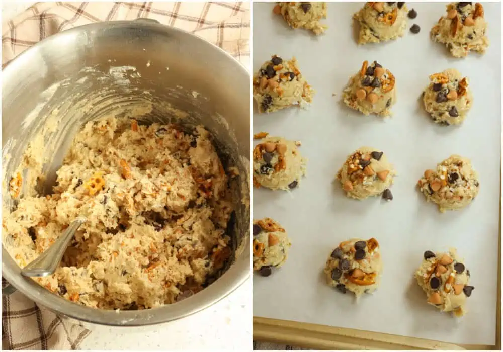 Remove the bowl from the mixer and stir in a couple cups of goodies like chocolate chips, potato chips, toffee bits, dried cranberries, raisins, and so much more. 