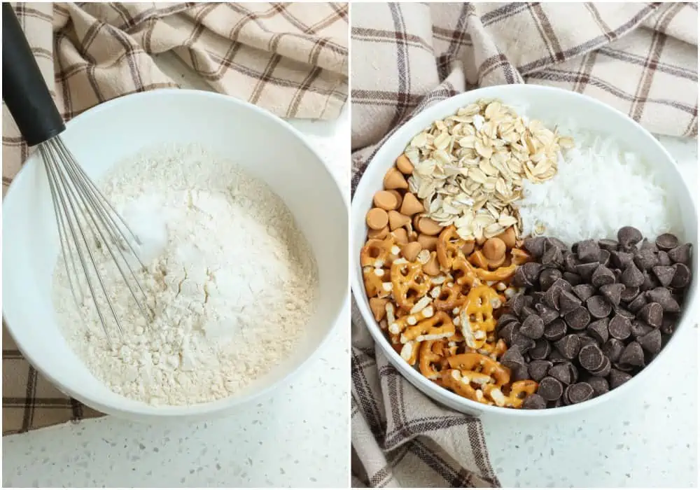 First in a medium bowl whisk together the flour, baking soda, and salt together