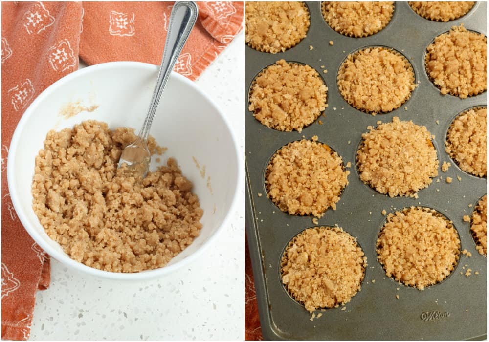 Moist pumpkin muffins with a streusel topping and cinnamon maple drizzle.on a cooling rack. 