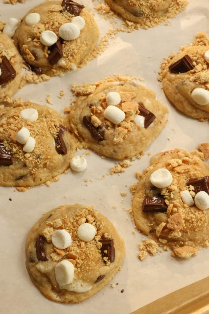 Delicious and easy S'mores Cookies with mini marshmallows, graham crackers, and pieces of Hershey's dark chocolate candy bars baked right in. Everything that you love about s'mores in cookie form.