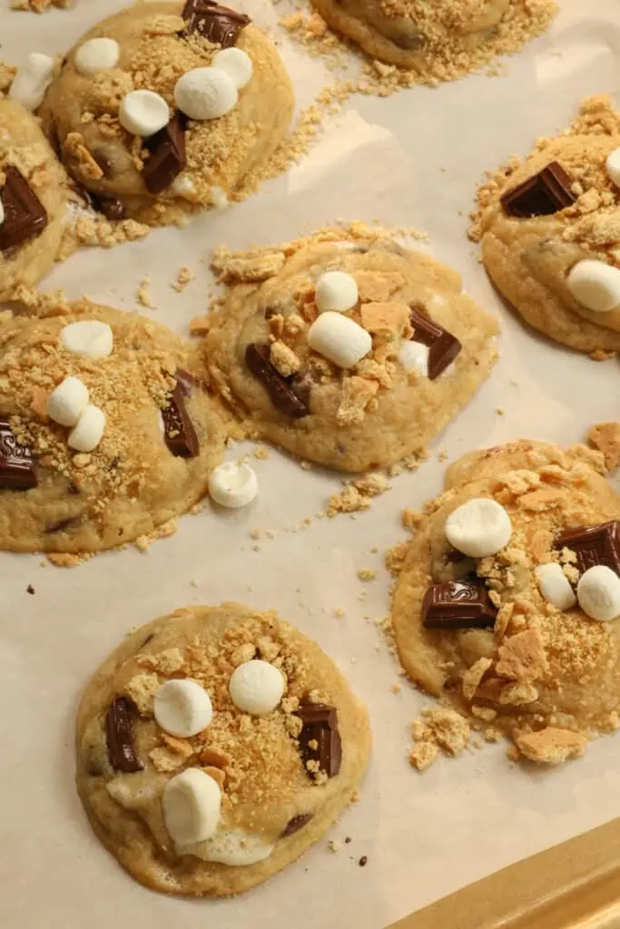 Delicious and easy S'mores Cookies with mini marshmallows, graham crackers, and pieces of Hershey's dark chocolate candy bars baked right in.  Everything that you love about s'mores in cookie form. 