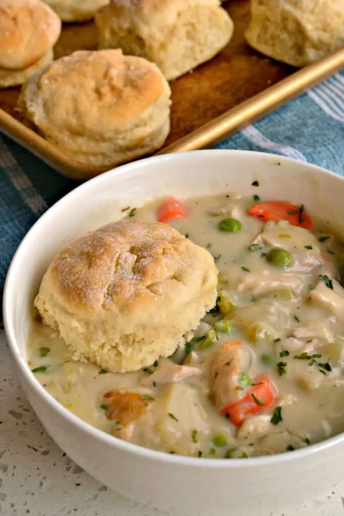 With a few easy steps like using already baked rotisserie chicken and easy drop biscuits you too can indulge in one of life's greatest comfort meals. 