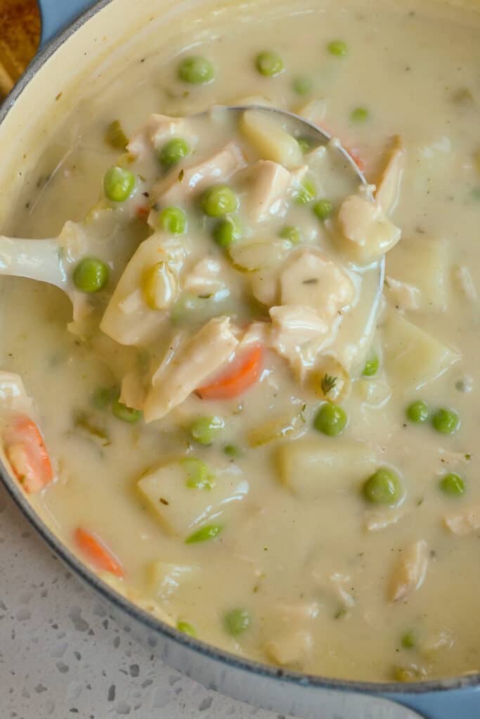 This Chicken Pot Pie Soup is the ultimate comfort meal with fresh vegetables, gold potatoes and tender rotisserie chicken. 