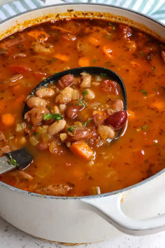 This 15 bean soup is a delicious cornucopia of beans, lentils, onions, celery, carrots, and smoked sausage in a broth seasoned with smoked paprika, chili powder, and thyme.