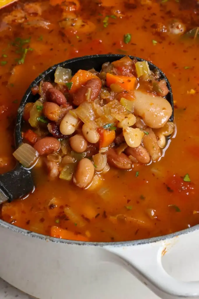 This hearty 15 bean soup is loaded with beans, onion, celery, carrots, and tomatoes in a perfectly seasoned broth.