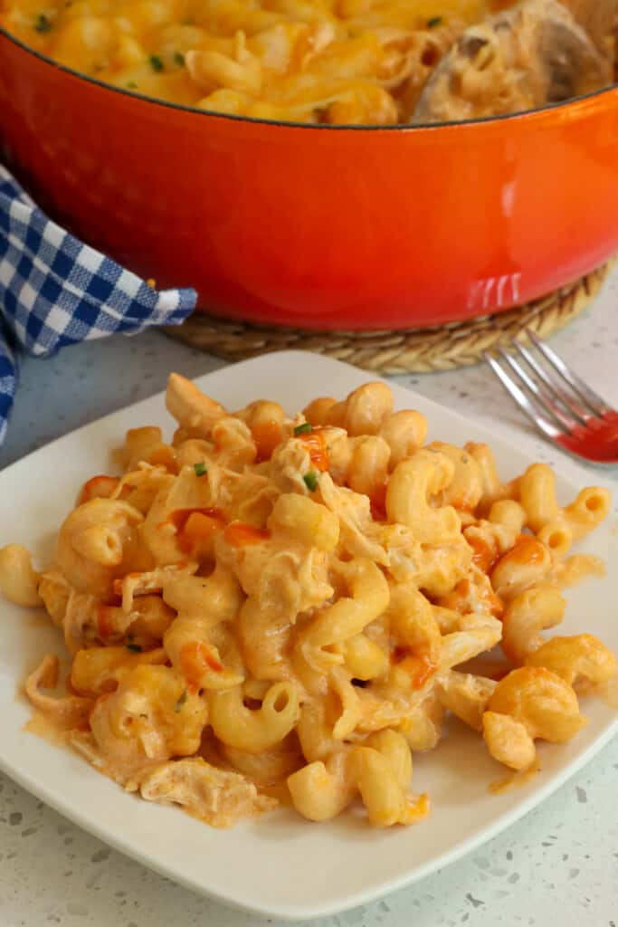 Shredded chicken is combined with ranch dressing, hot sauce, sautéed onions and garlic, pasta, cream cheese, cheddar cheese, and Monterey Jack cheese to make the creamiest best Buffalo Chicken Pasta ever. 