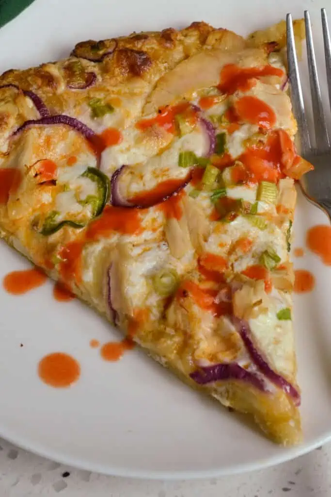 This tasty Buffalo Chicken Pizza comes together fairly quickly using rotisserie chicken which can be picked up at most local grocery stores or warehouse stores like Sams and Costco. 