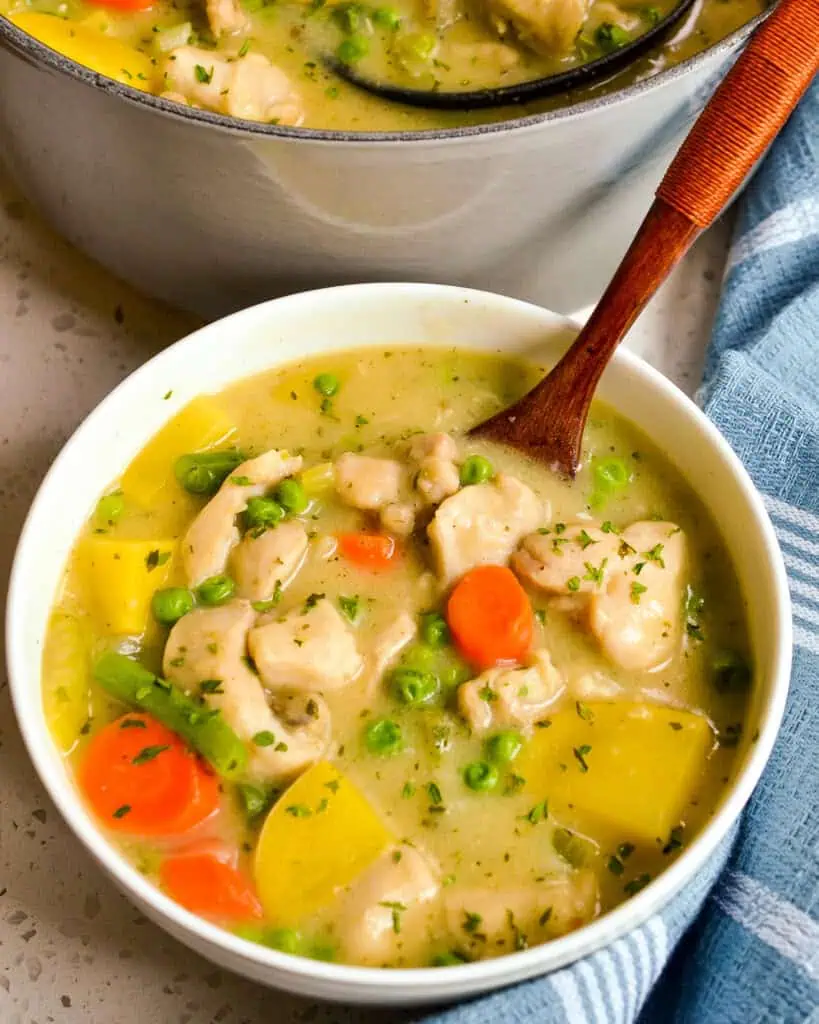 A bowl full of chicken stew in front of a Dutch full of chicken stew. 
