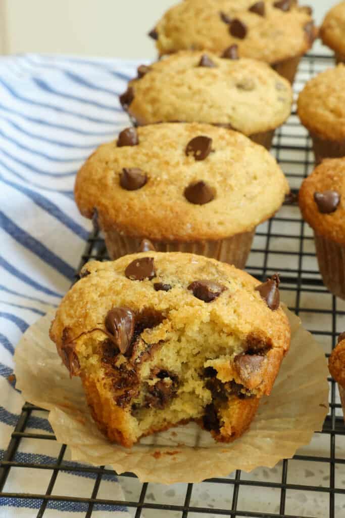 Delicious and easy bakery style Chocolate Chip Muffins with a touch of sour cream for added moisture and rich semi-sweet chocolate chips. 